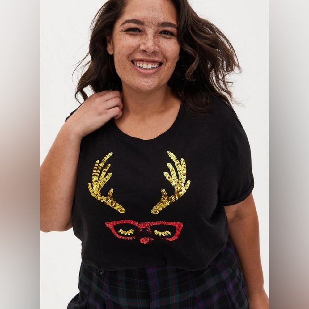 TORRID Reindeer Sequin Relaxed Fit Crew Tee - Black